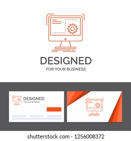 Business logo template for Command, computer, function, process, progress. Orange Visiting Cards with Brand logo template