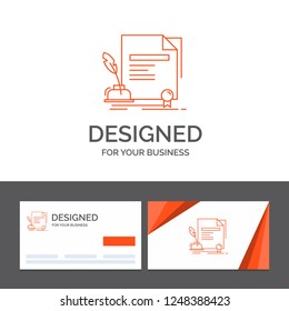 Business logo template for contract, paper, document, agreement, award. Orange Visiting Cards with Brand logo template