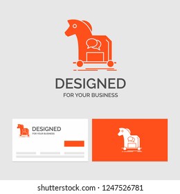 Business logo template for Cybercrime, horse, internet, trojan, virus. Orange Visiting Cards with Brand logo template.