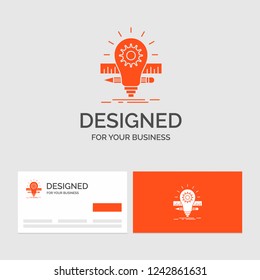 Business logo template for Development, idea, bulb, pencil, scale. Orange Visiting Cards with Brand logo template.