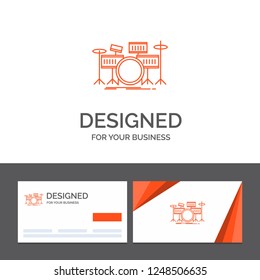 Business logo template for drum, drums, instrument, kit, musical. Orange Visiting Cards with Brand logo template