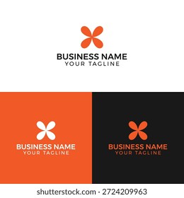 Una Plantilla de logotipo de negocios con un diseño de flor naranja sobre fondos blancos, naranjas y negros, con texto personalizable para nombre y lema de negocios.