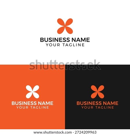 A business logo template featuring an orange flower design on white, orange, and black backgrounds, with customizable text for business name and tagline.