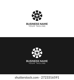 Una Plantilla de logotipo de negocios con un diseño floral estilizado sobre fondos blancos y negros, con texto de marcador de posición para el nombre y el lema de la empresa.