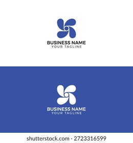 A business logo template featuring a stylized flower-like design with a blue and white color scheme, including placeholder text for business name and tagline.