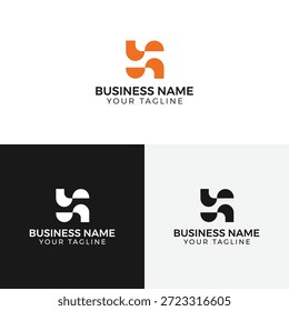 Um modelo de logotipo comercial apresentando um design estilizado de letra "S" ou "H" nas cores laranja, branca e preta, acompanhado por um texto de espaço reservado para nome comercial e slogan.