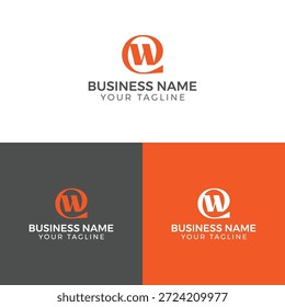 Una Plantilla de logotipo empresarial con una letra estilizada W, presentada en tres variaciones de color: blanco, gris oscuro y naranja, con texto de marcador de posición para el nombre y el lema de la empresa.