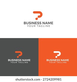 Una Plantilla de logotipo de empresa con un signo de interrogación estilizado con texto de marcador de posición para el nombre y el lema de la empresa, que se muestra en tres variaciones de color: blanco, gris oscuro y naranja.
