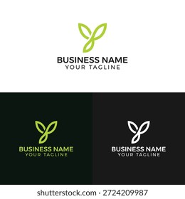 Una Plantilla de logotipo de negocios con un diseño de hoja verde estilizado con un marcador de posición para el nombre y el lema del negocio, presentado en tres variaciones de color: blanco, negro y verde.