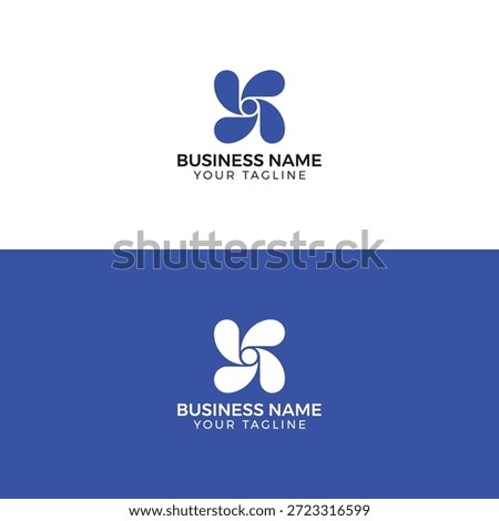 A business logo template featuring a stylized flower-like design with a blue and white color scheme, including placeholder text for business name and tagline.