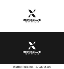Una Plantilla de logotipo de empresa con un símbolo X con texto de marcador de posición para el nombre y el lema de la empresa, que se muestra en fondos blancos y negros.