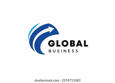 Plantilla de logotipo comercial. El logotipo de Globe and arrow es adecuado para empresas mundiales, tecnologías mundiales, medios de comunicación, empresas financieras y agencias de publicidad