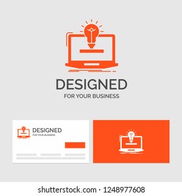 Business logo template for laptop, solution, idea, bulb, solution. Orange Visiting Cards with Brand logo template.