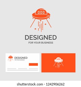 Business logo template for space ship, space, ship, rocket, alien. Orange Visiting Cards with Brand logo template.