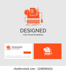 Business logo template for Type Writer, paper, computer, paper, keyboard. Orange Visiting Cards with Brand logo template.