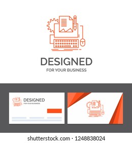 Business logo template for Type Writer, paper, computer, paper, keyboard. Orange Visiting Cards with Brand logo template