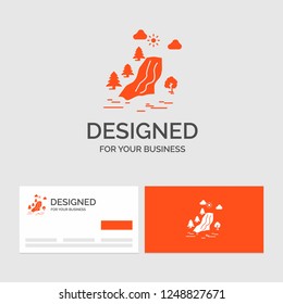 Business logo template for waterfall, tree, pain, clouds, nature. Orange Visiting Cards with Brand logo template.