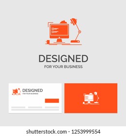 Business logo template for workplace, workstation, office, lamp, computer. Orange Visiting Cards with Brand logo template.