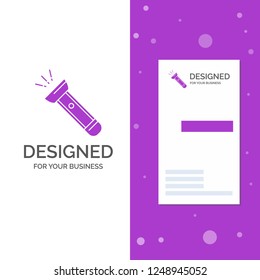 Business Logo for torch, light, flash, camping, hiking. Vertical Purple Business / Visiting Card template. Creative background vector illustration