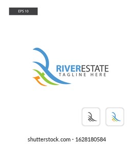 business logos for residential, industrial businesses. has 3 elements with different colors which are a connection of itself and resemble the shape of the letter R. with a flat, modern logo style