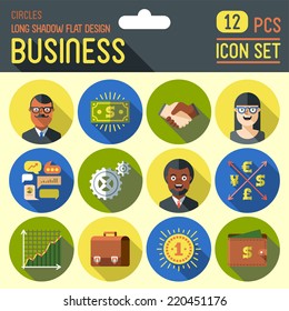Business. Long shadow flat design circle icon set. Vector trendy illustrations.