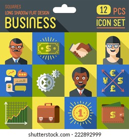Business. Long shadow flat design square icon set. Vector trendy illustrations.