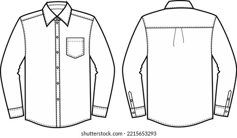 Business long sleeve shirt flat sketch. Classic wear apparel design. Front and back. Men CAD mockup. Technical drawing template. Vector illustraiion.