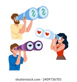 vectores de telescopio de aspecto empresarial.  contratación de visión, oportunidad de niño, negocio de descubrimiento de empleo se ven como un personaje telescopio. ilustración de dibujos animados planos de personas