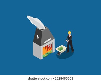 Business Loss Concept with Money Burning 3d isometric vector illustration