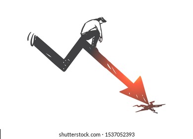 Business loss, graph arrow decline, bankruptcy concept sketch. Hand drawn isolated vector