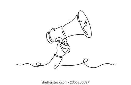 Business loudspeaker concept. Single line sketch of hand with megaphone. Marketing and advertising, promotion of goods and products. Continious monoline. Linear flat vector illustration