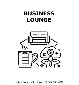 Business Lounge Office Or Airport Room. Sofa, Armchair. Premium Terminal. Travel People Work. Interior Space Vector Concept Black Illustration