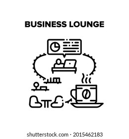 Business Lounge Vector Icon Concept. Business Lounge Zone For Drinking Hot Energy Drink Coffee Break Or Resting In Soft Chair And Playing Video Games. Company Worker Relaxation Black Illustration