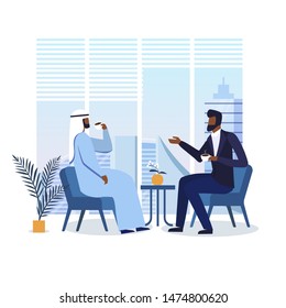 Business Lounge Zone Flat Vector Illustration. Successful Arab Businessmen Drinking Coffee Cartoon Characters. Friends Conversation, Meeting in Cafe. Colleagues on Lunch, Break from Work