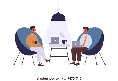 Business lounge zone flat vector illustration. Coworkers having lunch break at office relax area. Businessmen cartoon characters coworking. Colleagues talking, working together isolated clipart.