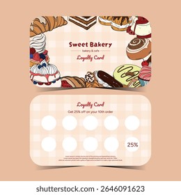 Cartão de fidelidade comercial com produtos cozidos. Sobremesa, doces, desconto para a sua marca. Cartão de padaria dianteiro e traseiro
