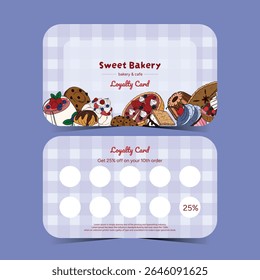 Business loyalty card with baked goods. Dessert, pastries discount for your branding. Front and back bakery card