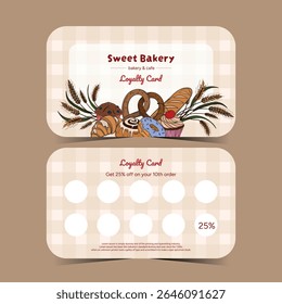 Cartão de fidelidade comercial com produtos cozidos. Sobremesa, doces, desconto para a sua marca. Cartão de padaria dianteiro e traseiro
