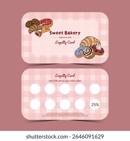 Cartão de fidelidade comercial com produtos cozidos. Sobremesa, doces, desconto para a sua marca. Cartão de padaria dianteiro e traseiro