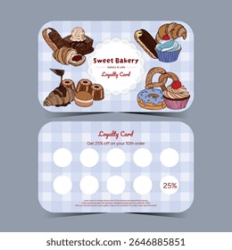 Cartão de fidelidade comercial com produtos cozidos. Sobremesa, doces, desconto para a sua marca. Cartão de padaria dianteiro e traseiro