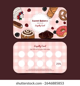 Business loyalty card with baked goods. Dessert, pastries discount for your branding. Front and back bakery card