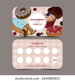 Cartão de fidelidade comercial com produtos cozidos. Sobremesa, doces, desconto para a sua marca. Cartão de padaria dianteiro e traseiro