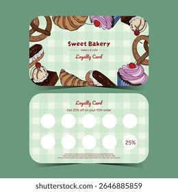 Cartão de fidelidade comercial com produtos cozidos. Sobremesa, doces, desconto para a sua marca. Cartão de padaria dianteiro e traseiro