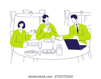 Business lunch abstract concept vector illustration. Group of diverse colleagues at a business lunch, company workers eating food in restaurant and talking, office life abstract metaphor.