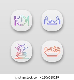 Business lunch app icons set. Dinner break, cafe meeting, make deal over meal, salad. UI/UX user interface. Web or mobile applications. Vector isolated illustrations