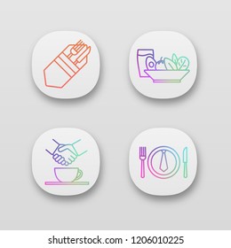 Business lunch app icons set. Fork and knife, salad and cold drink, partnership, business dinner. UI/UX user interface. Web or mobile applications. Vector isolated illustrations