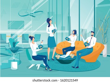 Business Lunch Break Office Situation. Colleagues or Partners Having Rest, Talking and Eating Chinese Food. Friendly Relations in Company between Employees. Flat Cartoon Vector Illustration.