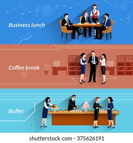 Business Lunch Coffee Break And Buffet Service At Work Flat Horizontal Banners Set Abstract Isolated Vector Illustration