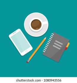 business lunch with coffee, smartphone and note book. freelancer life style vector illustration. Brainstorming, writing flat style. Hipster job. powder blue background