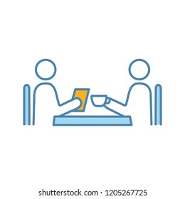 Business lunch color icon. Coffee interview. Colleagues, friends, partners, customers meeting. Coffee or dinner break. Business dinner. Isolated vector illustration